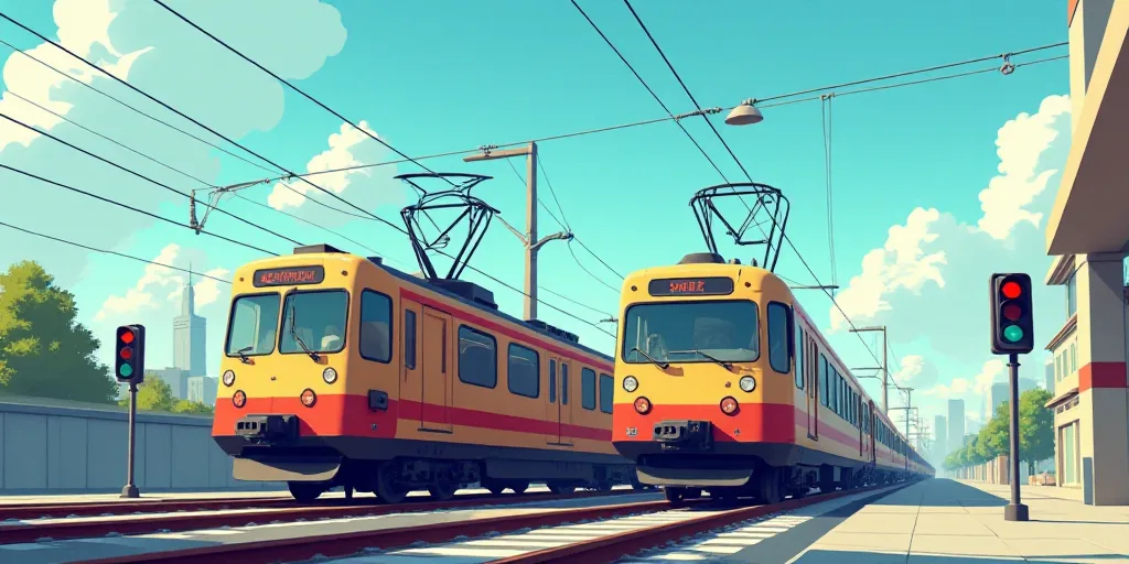two trains are on the tracks near a building and a traffic light in the background with a blue sky,