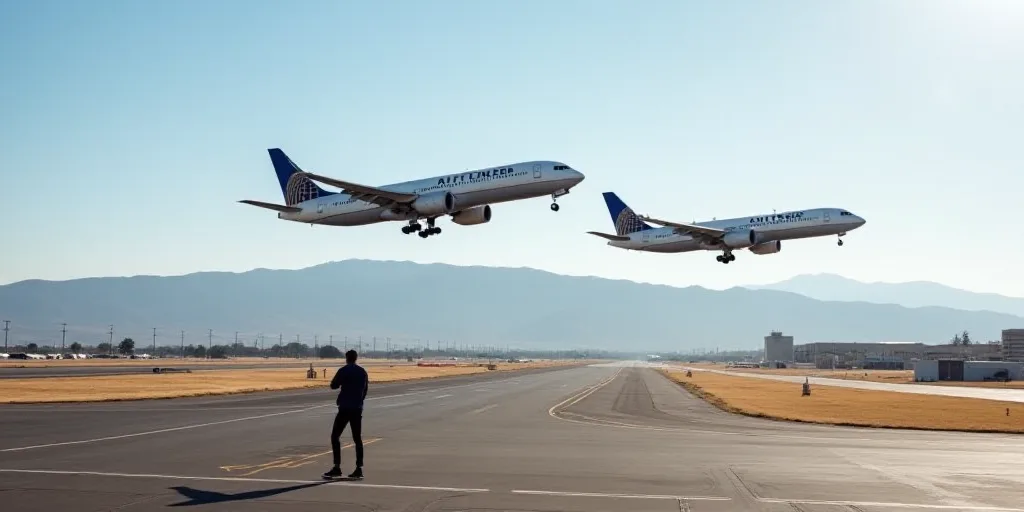 two united airlines planes are flying in the sky over a runway with a mountain in the background and