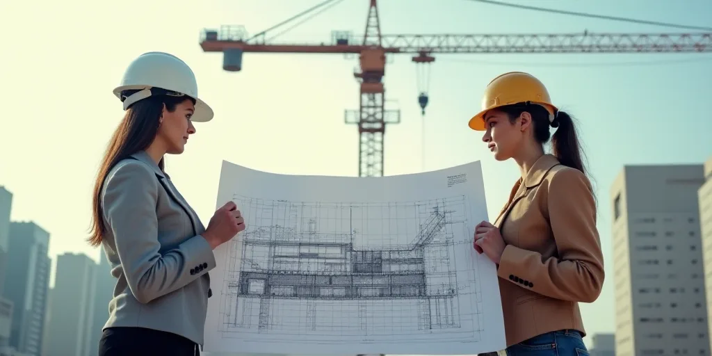 two women are standing in front of a crane holding a blueprint and a blueprint for a building, Andri
