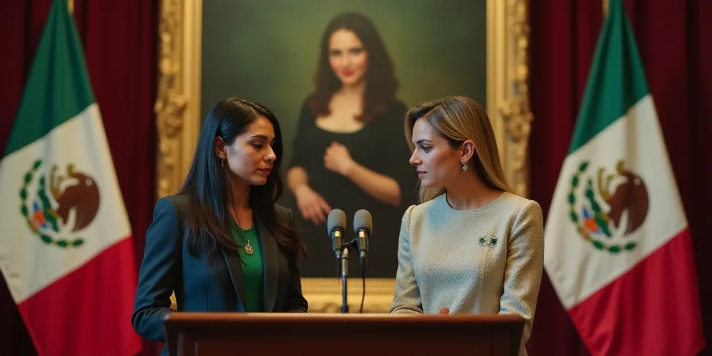 two women standing at a podium in front of flags and a painting of a woman in mexico behind them, Ar