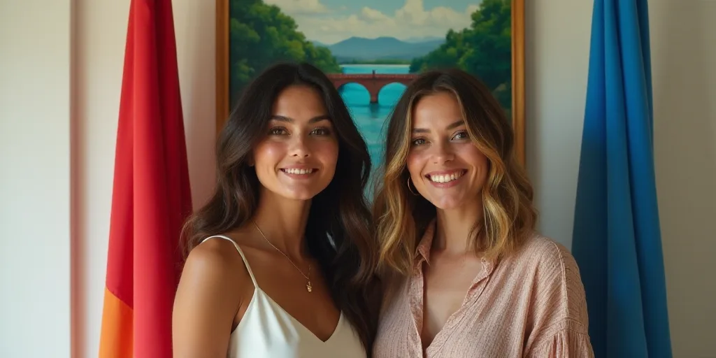two women standing next to each other in front of flags and a painting of a bridge over water on the