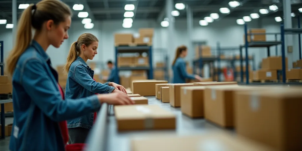 two women working in a factory with boxes and boxes on the conveyor belt and boxes on the conveyor b