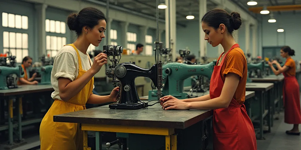 two women working on a machine in a factory with other workers nearby looking on and working on the