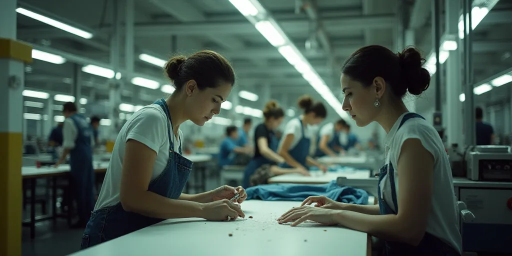 two women working on a machine in a factory with other workers in the background looking at the mach