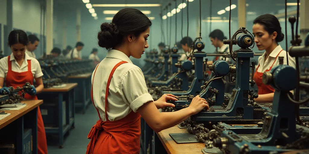 two women working on a machine in a factory with other workers nearby looking on and working on the