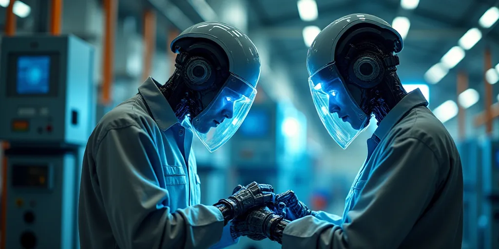 two workers are working on a machine in a factory with a protective mask on their head and a protect