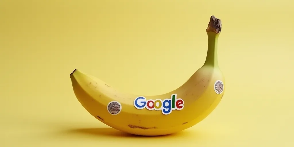 a banana with google stickers on it is shown in this image, it is a banana with a sticker on it, Ada