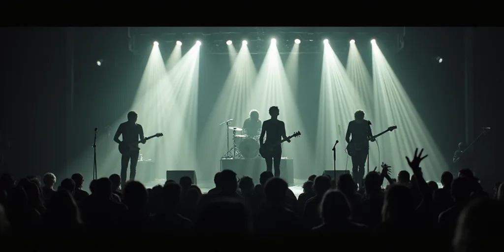 a band playing on stage with lights on and a screen in the background that says, the band is perform