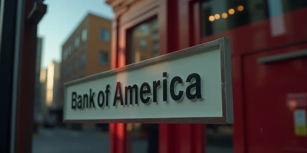 a bank of america sign is seen through a window with a reflection of a building in the background an