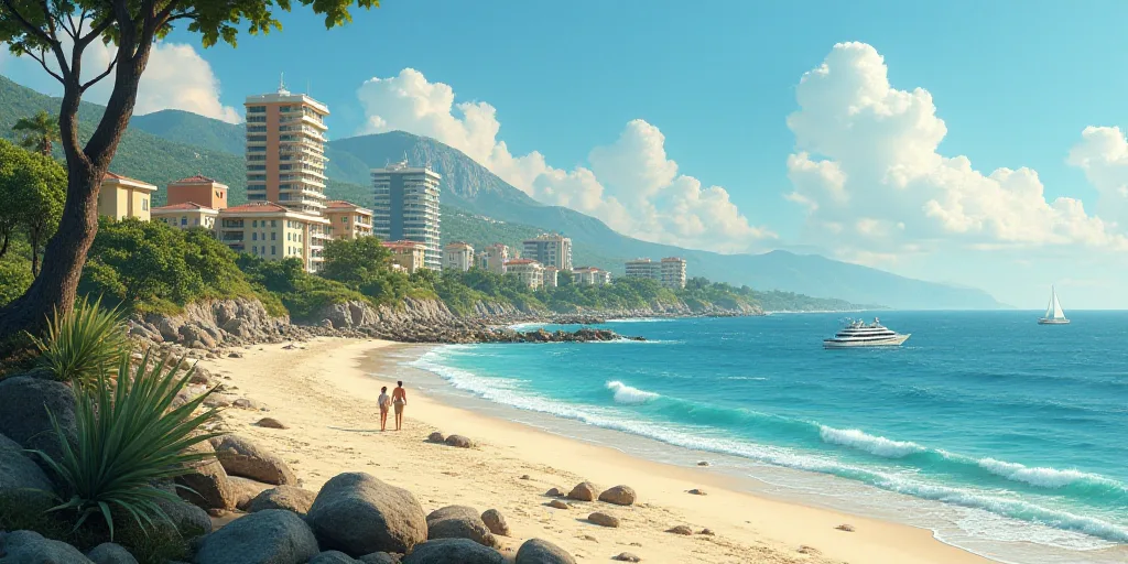 a beach with a bunch of buildings next to it and a body of water in the background with a few boats