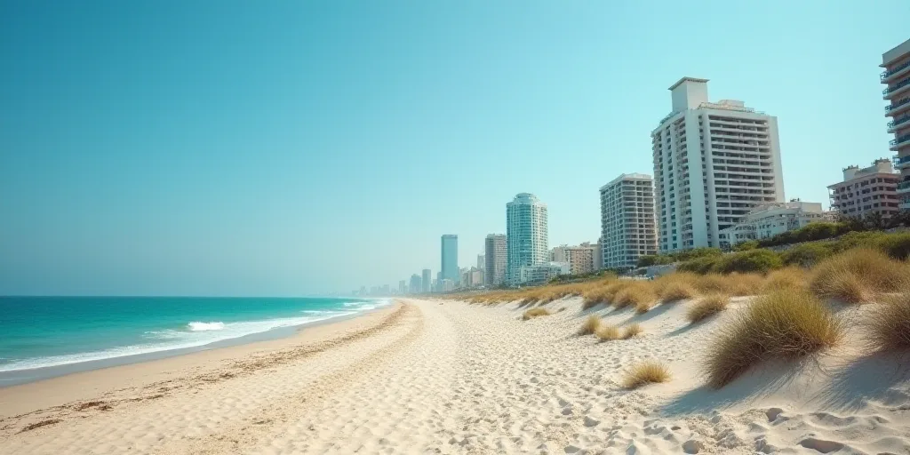 a beach with a bunch of buildings next to it and a body of water in the background with a blue sky,