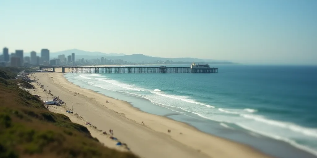 a beach with a pier and a city in the background and a body of water in the foreground, Dennis Ashba