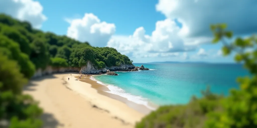 a beach with a sandy beach surrounded by green trees and water with a blue sky and clouds in the bac