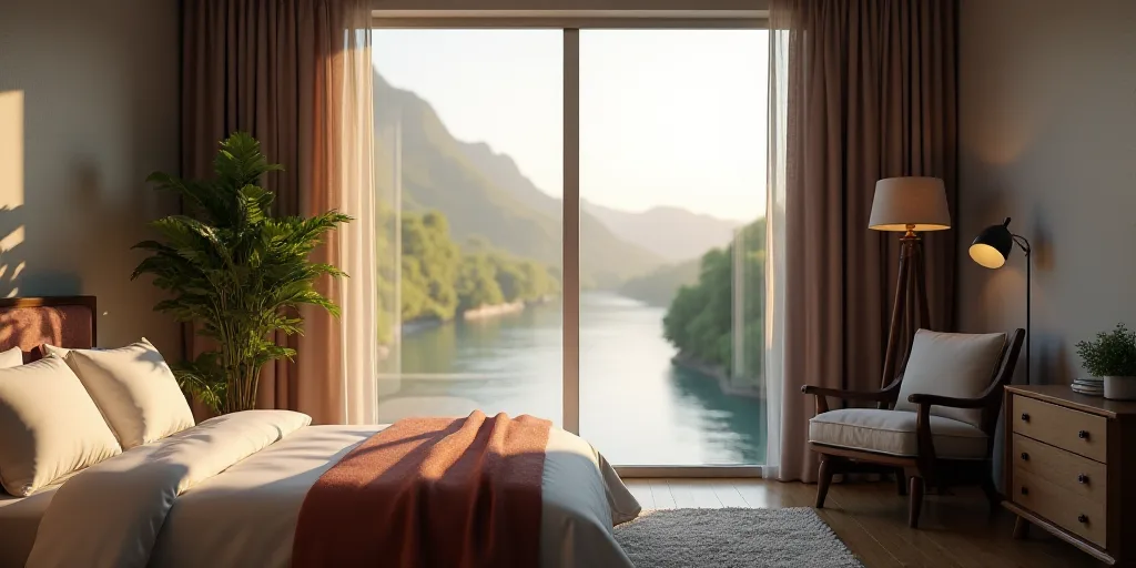 a bedroom with a bed, a chair, and a tripod in front of a window with a view of a river, Eden Box, u