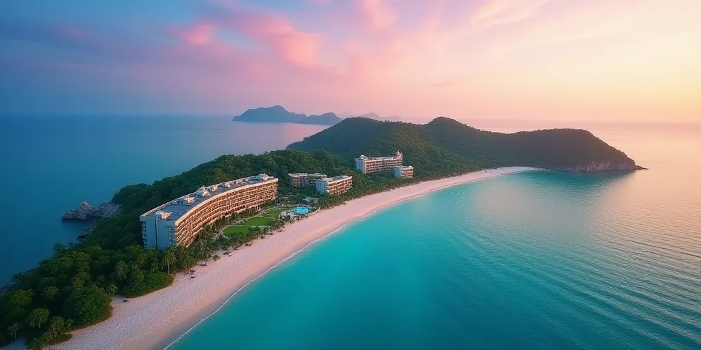 a bird's eye view of a beach resort and resort in the ocean with a colorful sky in the background, C