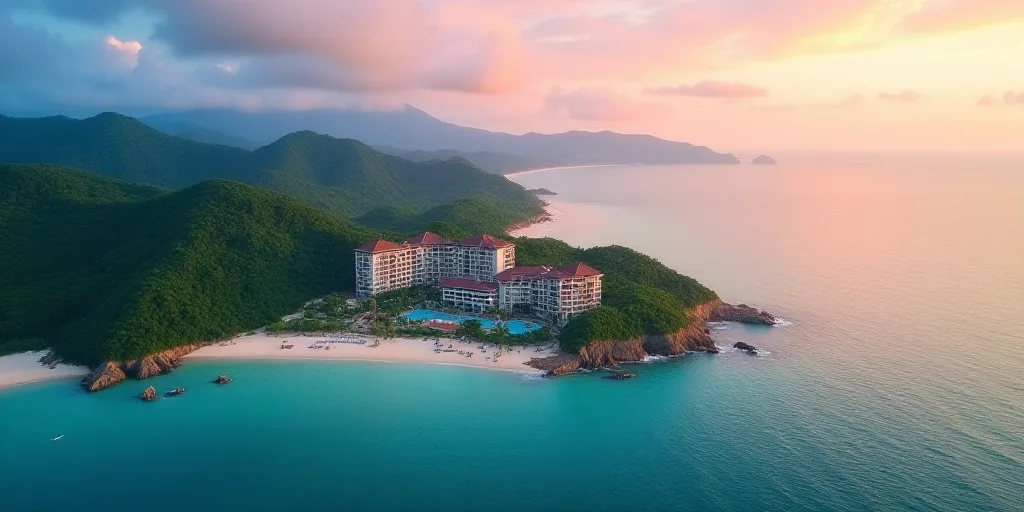a bird's eye view of a beach resort and resort in the ocean with a colorful sky in the background, C