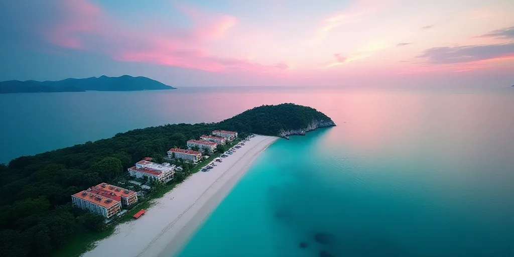 a bird's eye view of a beach resort and resort in the ocean with a colorful sky in the background, C