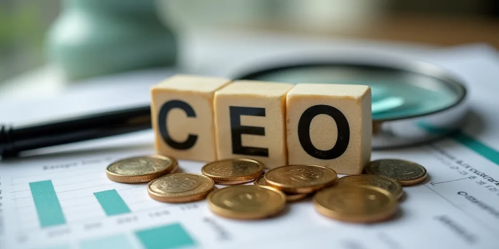 a block that says ceo surrounded by coins and a chart behind it with a magnifying glass on the table