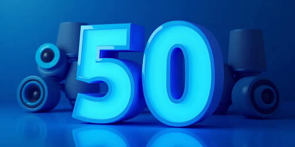 a blue background with a 50 sign and some speakers on it and a blue background with a blue backgroun