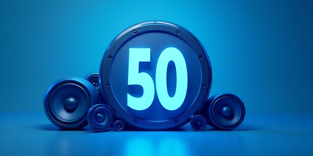 a blue background with a 50 sign and some speakers on it and a blue background with a blue backgroun