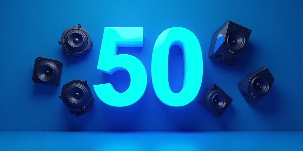 a blue background with a 50 sign and some speakers on it and a blue background with a blue backgroun