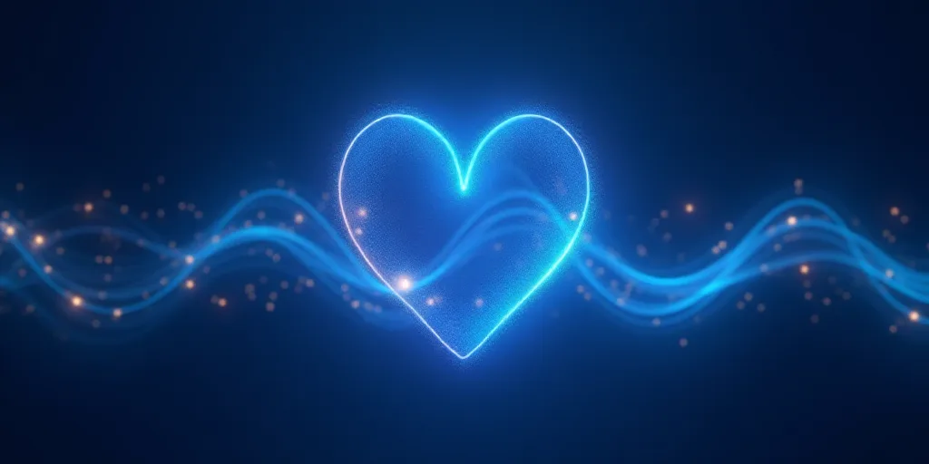 a blue background with lines and dots in the shape of a heart and a wave of light in the middle, Bee