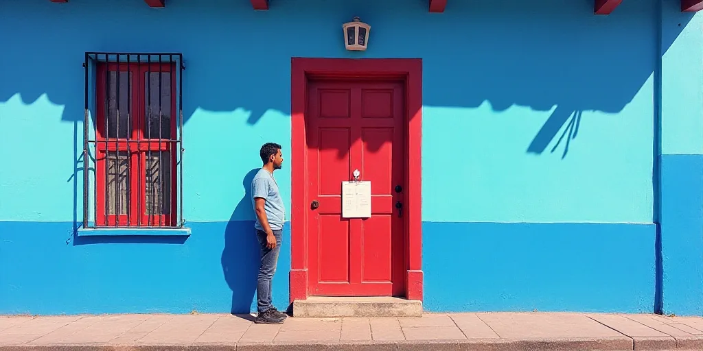 a blue building with a red door and a man standing outside of it with a sign on the door, Cándido L