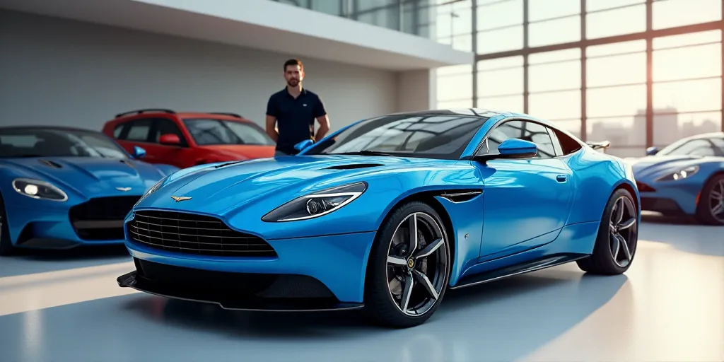 a blue car is parked in a showroom with other cars in the background and a man standing next to it,