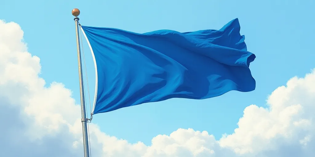 a blue flag flying in the wind under a cloudy sky with clouds in the background and a blue and white
