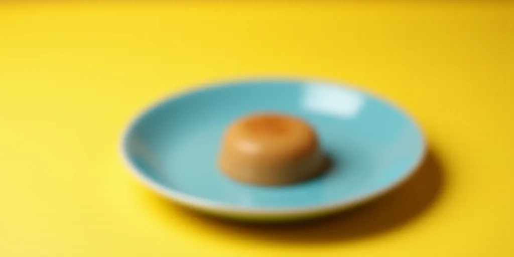 a blue plate with a brown substance on it on a yellow surface with a yellow background and a yellow
