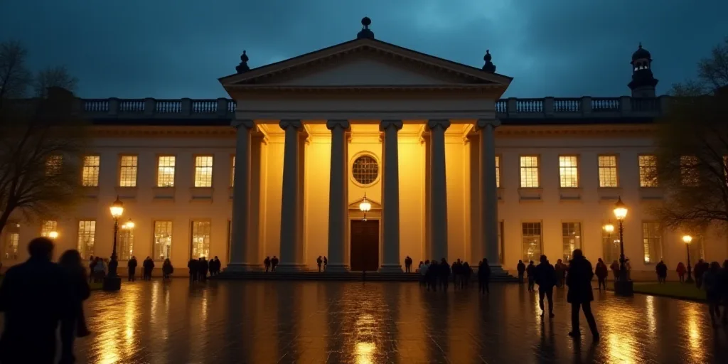 a blurry photo of a building with columns and people walking in the rain outside it at night time, C