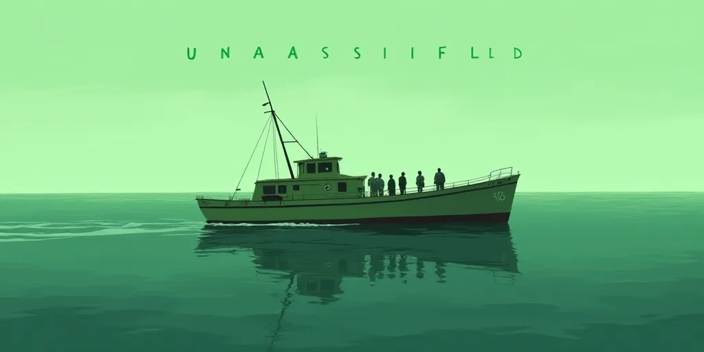 a boat is in the water with a line of people on it and a green line above it that says unaassified,