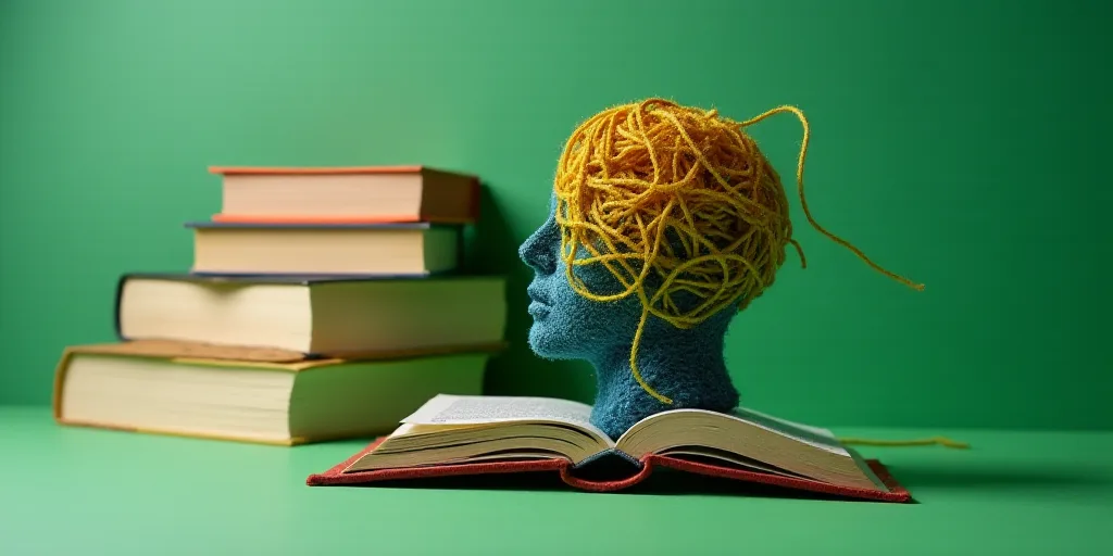 a book and a string in a head on a green surface with a book in the background and a book in the sha