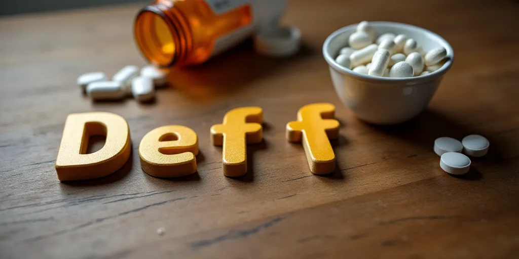 a bottle of pills and a cup of pills on a wooden table with the letter d spelled out in the middle,