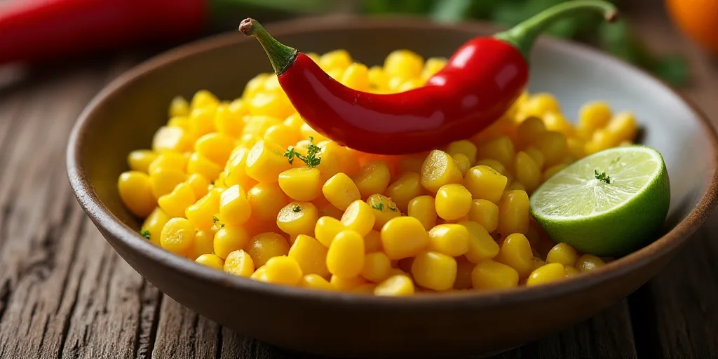 a bowl of corn with a red chili on top of it and a lime slice on the side of the bowl, Altichiero, f
