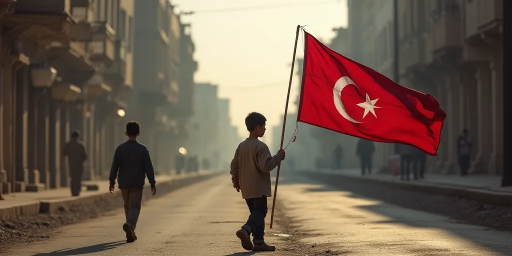 a boy holding a flag in the street with another boy walking by him and a flag in the background, Abd