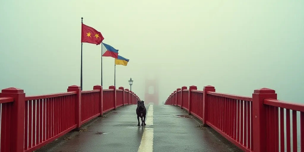 a bridge with a red metal railing and three flags flying on top of it and a dog on the bridge, Felix