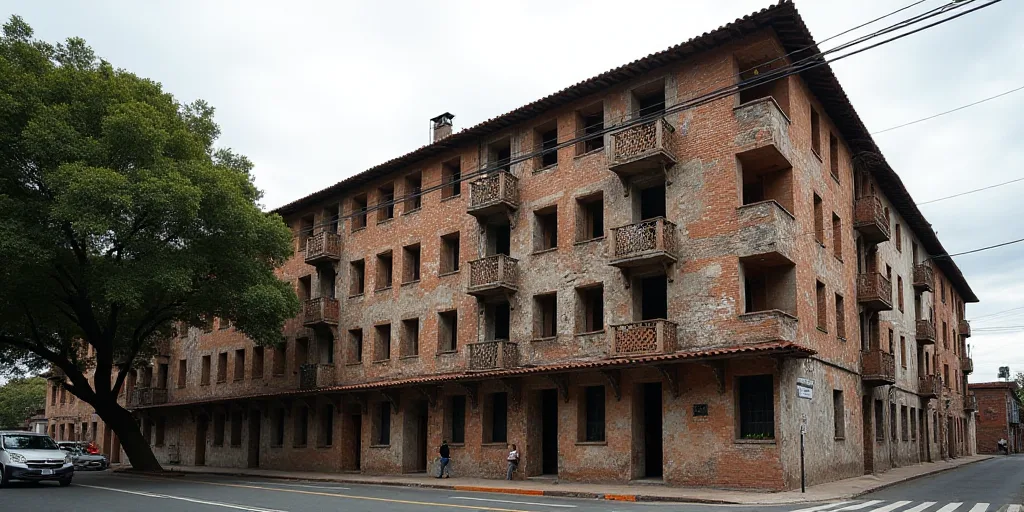 a building with a bunch of windows and a broken down balconies on the side of it and a tree in front