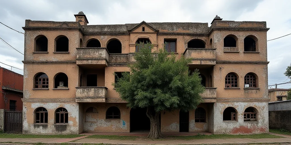a building with a bunch of windows and a broken down balconies on the side of it and a tree in front