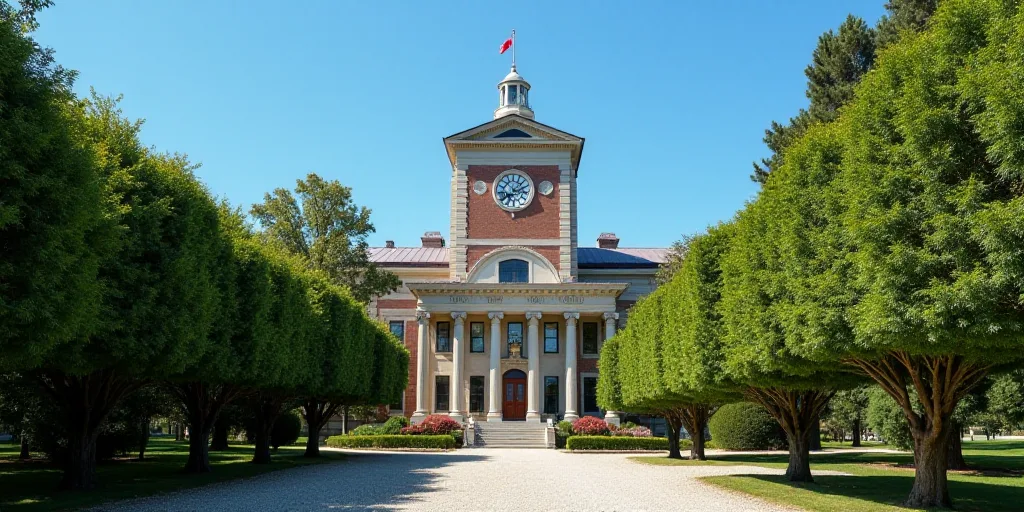 a building with a clock on top of it surrounded by trees and bushes in front of a blue sky, Brenda C