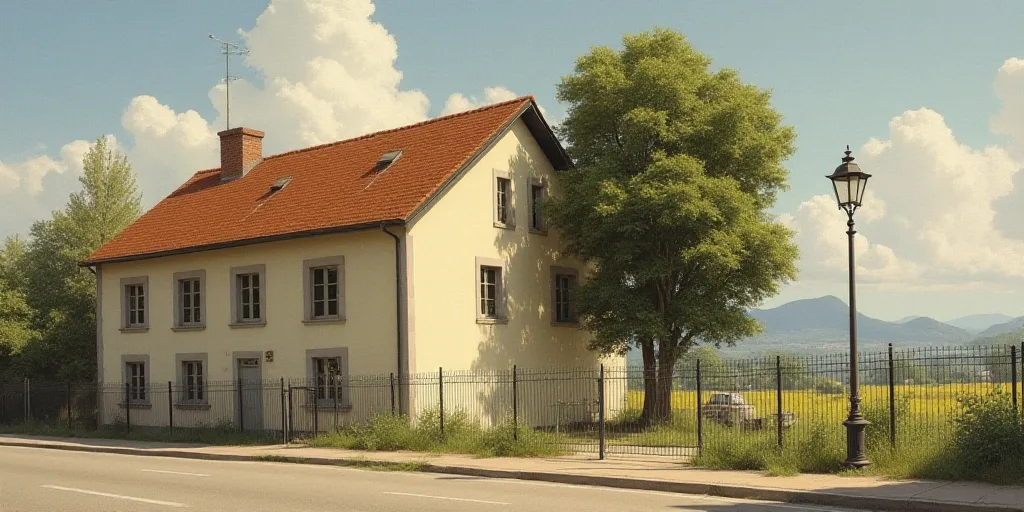 a building with a fence around it and a street light in front of it and a tree in front of it, Engue