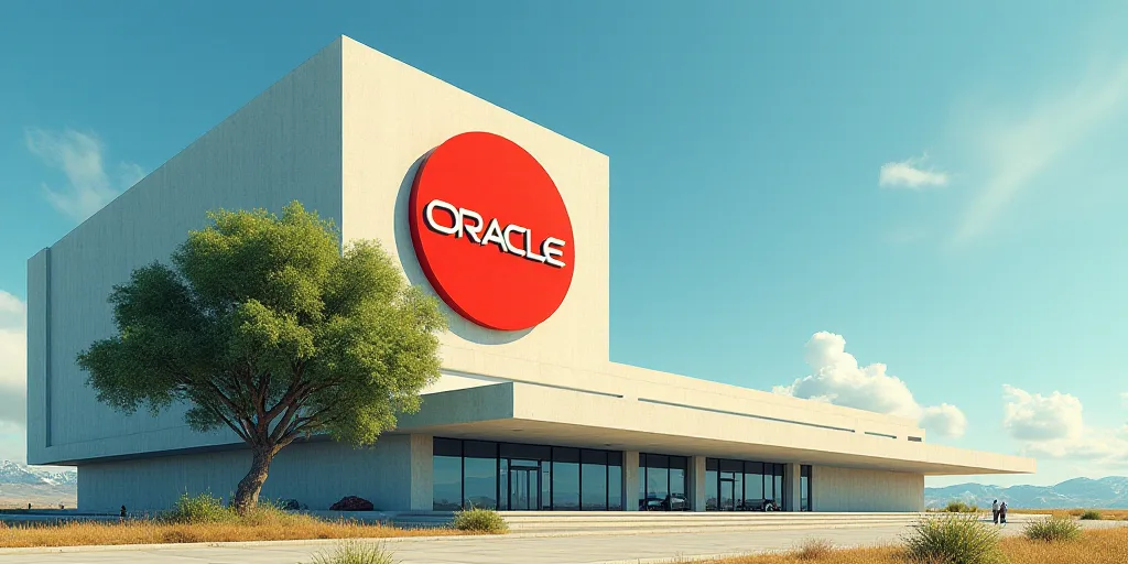 a building with a large oracle logo on it's side and a tree in front of it with a blue sky backgroun