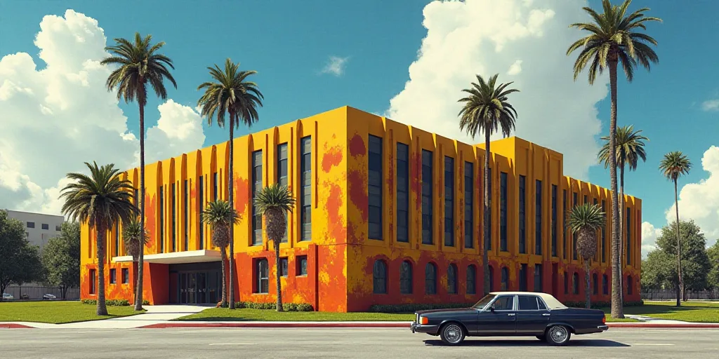 a building with a lot of windows and palm trees in front of it and a car driving by it, David Alfaro