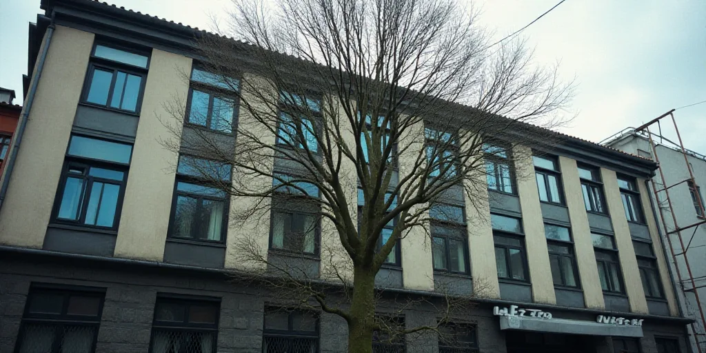 a building with a lot of windows and a clock on it's side and a tree in front of it, Cui Bai, mesh w