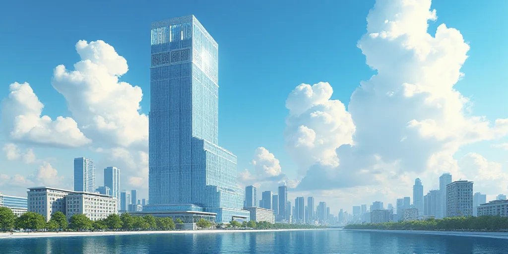 a building with a lot of windows and a sky background with clouds in the background and a few buildi