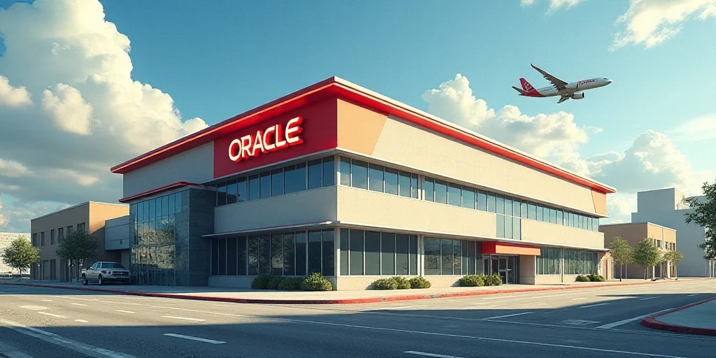 a building with a sign that says oracle on it's side and a plane flying in the background, Darrell R