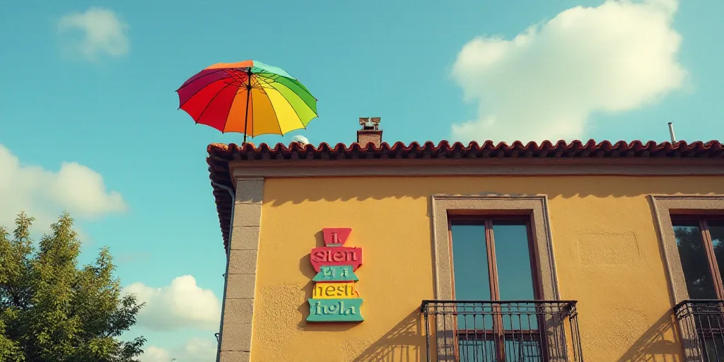 a building with a sign that says interdrola on it's side and a rainbow umbrella hanging from the roo