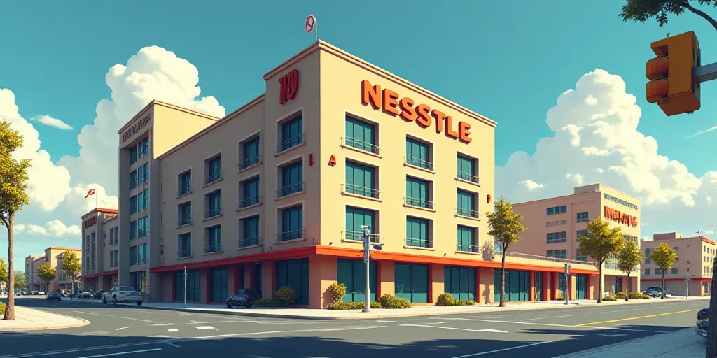 a building with a sign that says nestle on it's side and a clock on the side of the building, Enguer