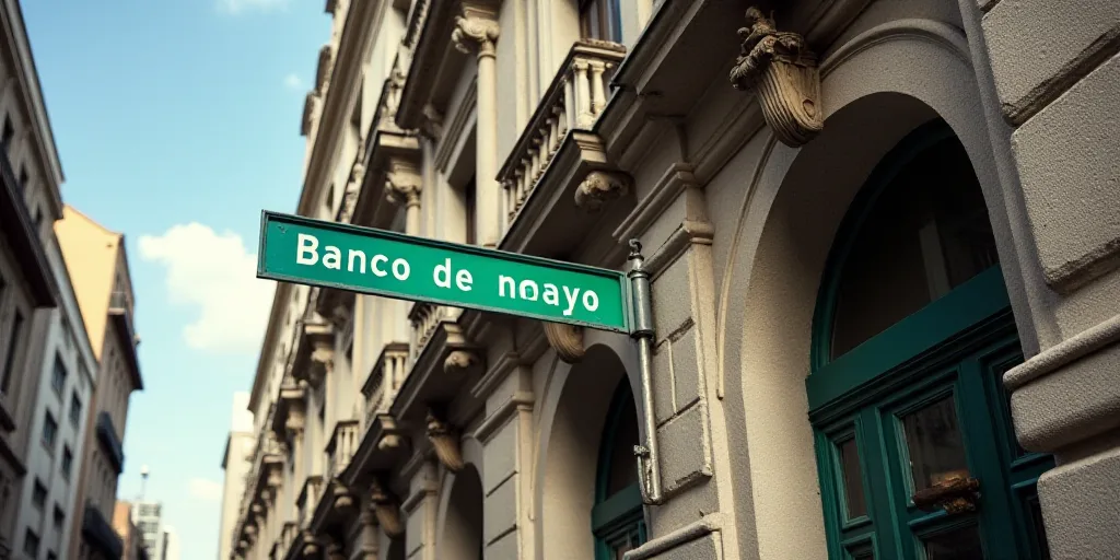 a building with statues on the front of it and a street sign in front of it that says banco de mayo,