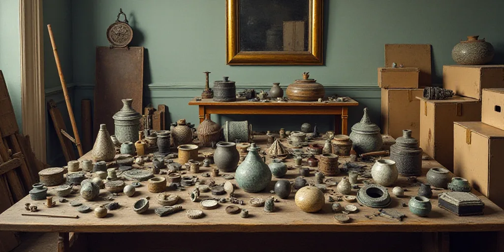 a bunch of different types of parts on a table in a room with boxes and a mirror on the wall, Andrie